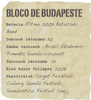 Bloco de Budapeste
Bateria:Ritmo 2003 Batucada BandDobosok létszáma:30Samba táncosok :Brazil Akademia-Pimenta Samba-csoport
Táncosok létszáma :15
Első közös fellépés 2008 Fesztiválok:Sziget Fesztivál,
Coburg Samba Festivál,
Sambastico Festivál Senj,Favorite movie: Hit the dirtFavorite quote: Lorem ipsum dolor sit amet consectetuer adipiscing.